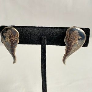 Siam Earrings Black Teardrop Floral Cloisonne Screw Back